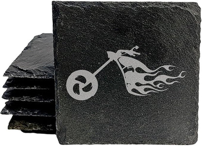 Ride The Fire: Flaming Chopper Motorcycle Coasters - Square Slate - Set of 4