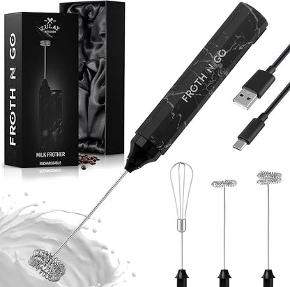 Zulay Kitchen Rechargeable Milk Frother Froth N Go Frother Wand With Case & USB-C Charger - Comes With 3 Whisk Attachments for Latte, Cappuccino, Matcha, Protein Shakes - Black Marble