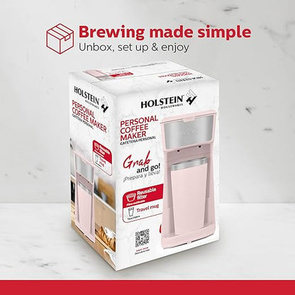 Holstein Housewares Personal Coffee Maker with 14oz Travel Mug – Compact One-Touch Brew Machine with Reusable Filter, Auto Shut-Off, Non-Stick Plate, Ideal for Home, Office, or Dorm. Pink