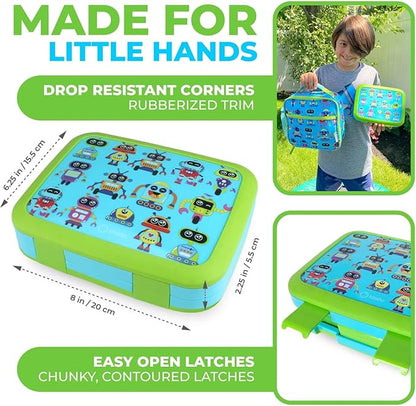 kinsho Bento Lunch Box and Insulated Bag, Water Bottle & Ice Pack Set for Kids Toddlers, 4 Portion Sections, Removable Tray, PreSchool Kid Toddler Daycare Lunches, Snack Container, Robot