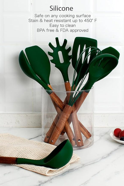 Country Kitchen Non Stick Silicone Utensil Set with Rounded Wood Handles for Cooking and Baking, 8 Piece Set, Green