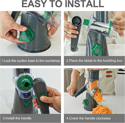 Cambom Rotary Cheese Grater Hand Crank Cheese Shredder for Fresh Cheese, Vegetable, Nuts,Non-slip Suction Base, Free Cleaning Brush Three Blades, Grey and Green