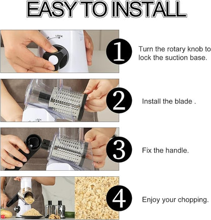 Ourokhome Rotary Cheese Grater Hand Crank, Kitchen Shredder Speed Mandolin Slicer Nuts Grinder with Handle and Drum Blades for Cheese, Vegetable, Walnuts, Chocolate, Potato, 3 Blades, White Black