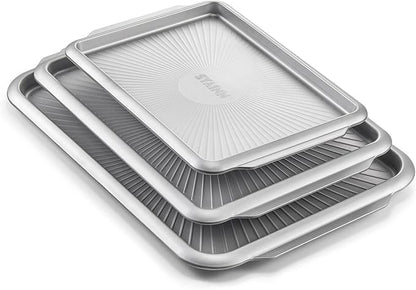 SYAINN Non-stick Ceramic Baking Sheet Set, Pack of 3 - Aluminum Steel Cookie Sheets for Baking - Includes Half/Quarter/Jelly Roll Pans - Warp Resistant, Toxic, PTFE & PFOA Free - Sliver