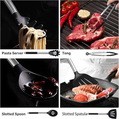 KSENDALO Silicone Cooking Utensils Set of 26, Heat Resistant Kitchen Utensils Set of Spatulas, Spoons, Whisk, Tong, Non Toxic Black Kitchen Tool Set with Holder for Nonstick Cookware, Dishwasher Safe