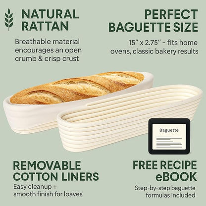 15 Inch Baguette Proofing Basket Set of 2 with Cotton Liners & Baguette Recipe eBook- Handcrafted Natural Rattan Banneton Bread Proofing Baskets for Sourdough- French Bread & Dough Rising