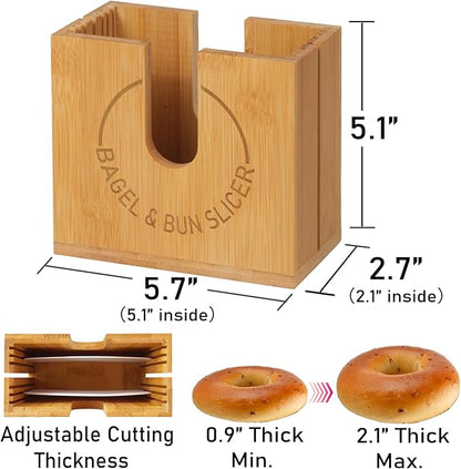 Large Adjustable Bagel Slicer Holder | Bamboo Bagel Cutting Holder with Width-Adjustable Slots for Small & Large Bagels, Buns & English Muffins, Knife Groove & Non-Slip Base