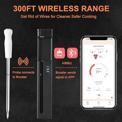 Long Range Wireless Smart Meat Thermometer with Bluetooth Booster, for Oven, Grill, Kitchen, BBQ, Smoker, Rotisserie, Black