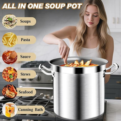 Large Cooking Pot, 35 Quart Heavy Duty Induction Soup Pot With Stainless Steel Lid Commercial Grade Stock Pot for Soup, Stew, Canning, Even Heat Distribution