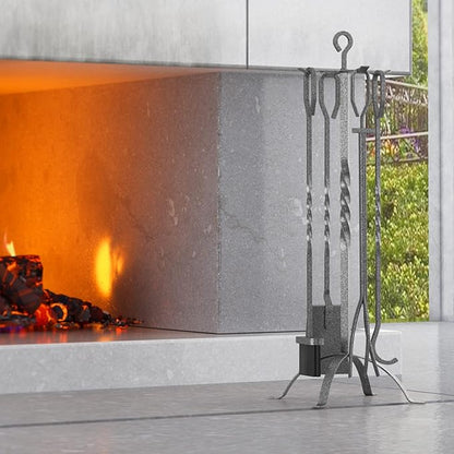 Fire Beauty 5 Pieces Fireplace Tools Sets Fireplace Accessories Tools Holder with Handles Tools for Indoor Fireplace Decor Outdoor Fire Pit Modern Tool(Pewter)
