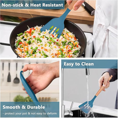 Silicone Kitchen Cooking Utensils Set 5Pcs Non-Stick Silicone Kitchen Utensils Set Spatula Spoon Turner Ladle with Wooden Handle, Heat Resistant Cooking Gadgets for Nonstick Cookware BPA-FREE