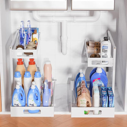 Full Metal Under Sink Organizer, Pull Out Cabinet Organizers and Storage, Silk-Smooth Sliding Drawer for Kitchen, Bathroom, Pantry, Cabinet, Closet (White, 2 Pack)