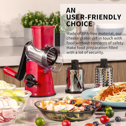 Rotary Cheese Grater, 3 in 1 Cheese Shredder Grater Rotary with Handle, Vegetable Mandoline Slicer Shredder for Vegetable, Cheese, Nut