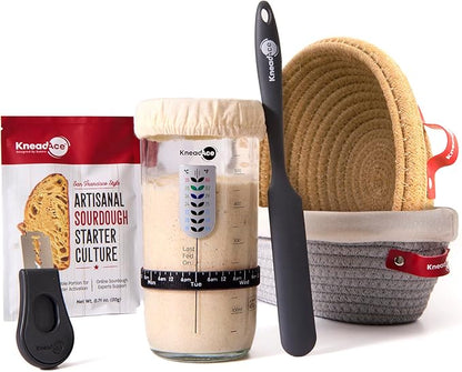 KneadAce Sourdough Starter Kit With Culture, Starter Culture, 24oz Sourdough Jar, 2 x Cotton Rope Banneton Bread Proofing Basket, Bread Lame, Perfect Gifts for bakers Sourdough Bread Baking supplies