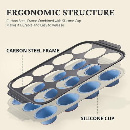 Silicone Muffin Pans for Baking with Metal Frame, Egg Bite Molds, Cupcake Pans 12 Regular Size, Muffin Tins Easy to Pop Nonstick Non Toxic Bakeware for Oven,Blue