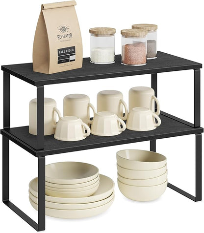 SONGMICS Cabinet Organizer Shelf, Set of 4 Kitchen Counter Shelves, Kitchen Storage, Spice Rack, Stackable, Expandable, Metal and Engineered Wood, Ink Black and Ebony Black UKCS028B01