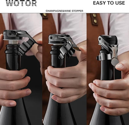 WOTOR Champagne&Wine Bottle Stoppers Stainless Steel with Food Grade Silicone, Leak Proof Keep Fresh Reusable Saver, Cork Suitable for Wine, Champagne, Cava, Prosecco and Sparkling (2 Pack Black）