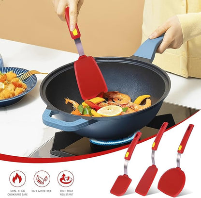 Kitchen Spatulas Silicone Turner Heat Resistant Melt Proof Spatula Set for Nonstick Cookware,Flexible Non Scratch Thin Spatula Wide,Angled and Flipper 3-pack for Frying Eggs,Pancake,Burger,Fish.Red