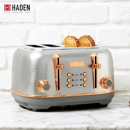 Haden Heritage 4 Slice Wide Slot Stainless Steel Toaster Bundled with 1.7 Liter Stainless Steel Electric Water Kettle, Steel & Copper
