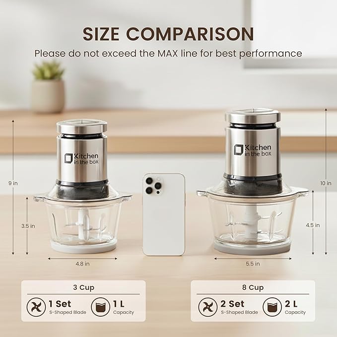 Kitchen in the box Food Processors, 400W Powerful Small Meat Grinder & Food Chopper Electric Vegetable Chopper with One 8-Cups Bowl & S Blades for Meat/fish/Vegetable/Baby Food