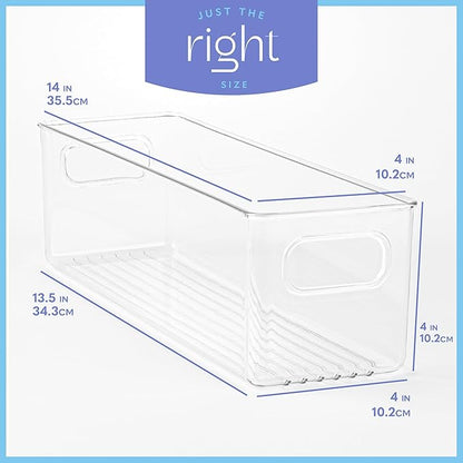 Plastic Food Storage 6 Pack Clear Container Bin with Handles for Organizing Kitchen, Pantry, Refrigerator, Freezer, Pantry, Cabinet, Closet, Bathroom. 14”x4”x4”