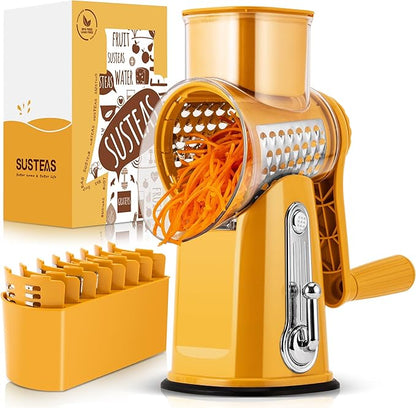 SUSTEAS Rotary Cheese Grater with Handle - Vegetable Shredder with 5 Well-designed Blades & Strong Suction Base,Round Mandoline Slicer & Food Chopper for Kitchen,with Blade Storage Box(Yellow)