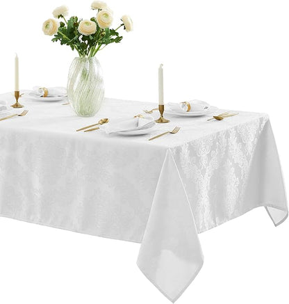 Newbridge Barcelona Luxury Damask Fabric Tablecloth, 52” Wide x 70” Rectangle, White, 100% Polyester, No Iron, Soil Resistant Dining Room, Party and Banquet Table Cover