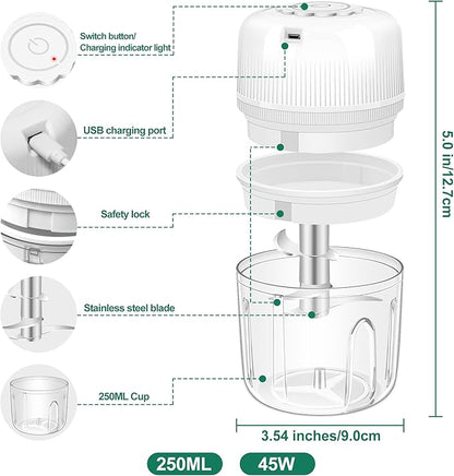 250ML Electric Garlic Chopper, Mini Portable Vegetable Chopper, Food Processor with USB Charging for Onion, Garlic, Chili, Ginger, Veggie