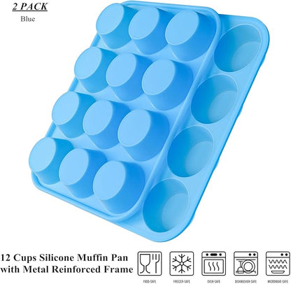 Bangp 12-Cup Silicone Muffin Pan with Metal Reinforced Frame,2 Pack Regular Size Cupcake Pan,Premium Non-Stick Bend Resistance Silicone Molds for Making Muffin,Cakes,Tart,Egg Bites (Blue)