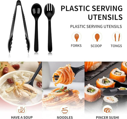36 PCS Disposable Serving Utensils for Party - 12 Set Including Black Plastic Spoons, Tongs and Forks