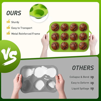 12 Cups Silicone Muffin Pan with Metal Reinforced Frame Regular Size Cupcake Pan Tray Egg Bites Silicone Circle Cookie Molds Muffin Tin Tart Pans Baking Sheet Set for Oven Dishwasher Safe