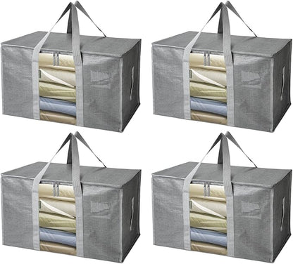 BALEINE 4-Pack Oversized Moving Bags with Reinforced Handles, Heavy-Duty Storage Tote Moving Supplies for Packaging, Camping (Gray w/Window, 4-Pack)