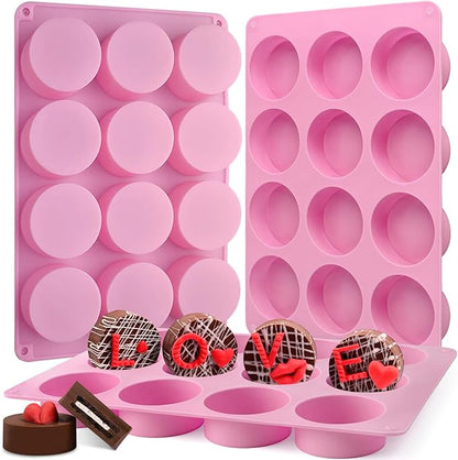 Actvty Round Chocolate Cookie Molds, 3 Pieces 12-Cavity Cylinder Chocolate Silicone Molds for Covered Oreo, Cookies Candy Jelly Mini Cakes and Muffin Baking(Pink)