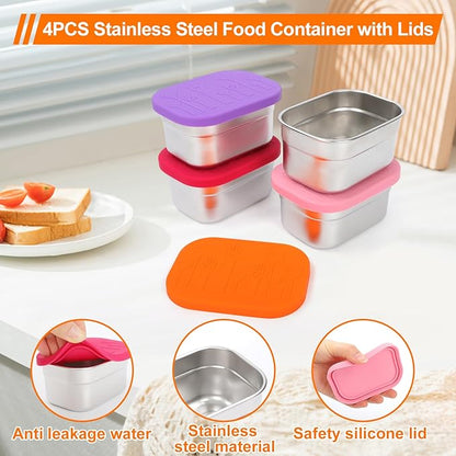 4 Pack Stainless Steel Snack Containers with Lids Set, 8 oz Rectangular Easy Open Leakproof Reusable Snack Box Container for Lunch, Small Lunch Food Containers for Meal Prep, Salad Dressing To Go