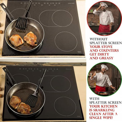 Grease Splatter Screen for Frying Pan 13 inch - Stops 99% of Hot Oil Splash - Protects Skin from Burns - Splatter Guard for Cooking - Iron Skillet Lid Keeps Kitchen Clean, includes Silicone Spatula