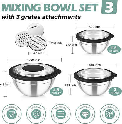 TeamFar Mixing Bowls, 3PCS Stainless Steel Serving Salad Bowls with Lids & 3 Graters, For Kitchen Mixing/Baking/Storing/Prepping, Visible & Airtight, Easy Clean - 4.5/3 / 1.5 QT, Black