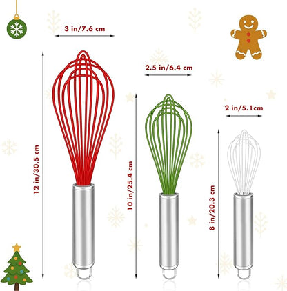 Christmas Whisk Set – 3 Sizes (12”, 10”, 8”) – Holiday Red, Green & White Stainless Steel Whisks for Baking, Cooking & Mixing, Christmas Gift for Bakers & Home Chefs