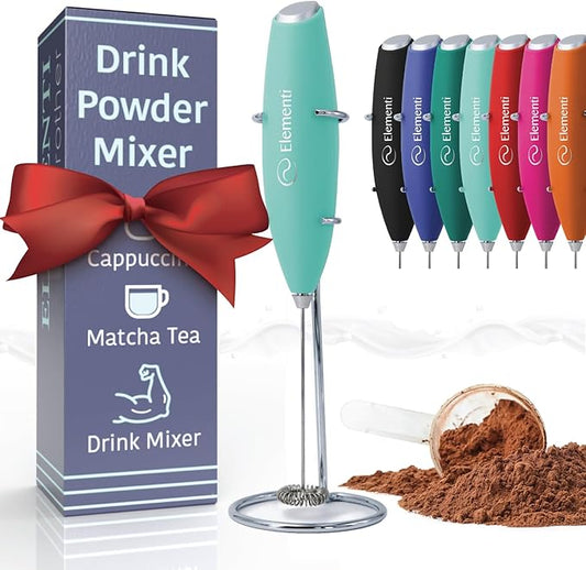 Elementi Drink Mixer Handheld - Electric Drink Stirrer for Powder Drinks - Protein Powder Mixer Wand & Frother - Hand Frother with Stand (Mint Green)