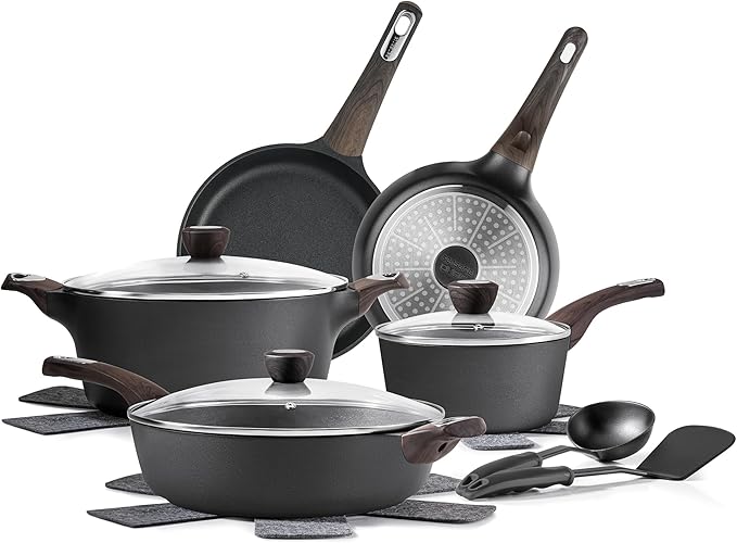 SENSARTE Pots and Pans Set Non stick, Non toxic Healthy Induction Cookware Set, 14 Pcs Non Stick Kitchen Cooking Set with Frying Pans Set & Saucepan, PFOA PFOS APEO Free, Black
