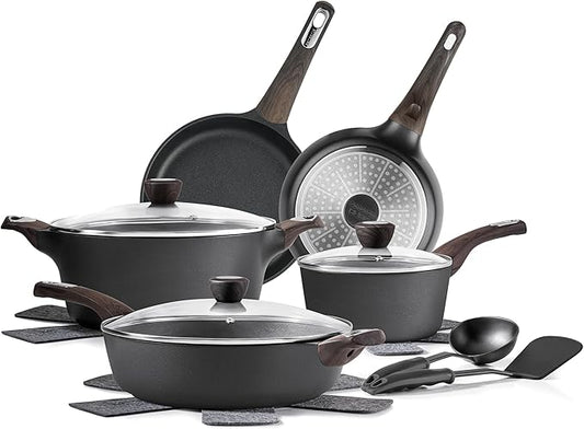 SENSARTE Pots and Pans Set Non stick, Non toxic Healthy Induction Cookware Set, 14 Pcs Non Stick Kitchen Cooking Set with Frying Pans Set & Saucepan, PFOA PFOS APEO Free, Black