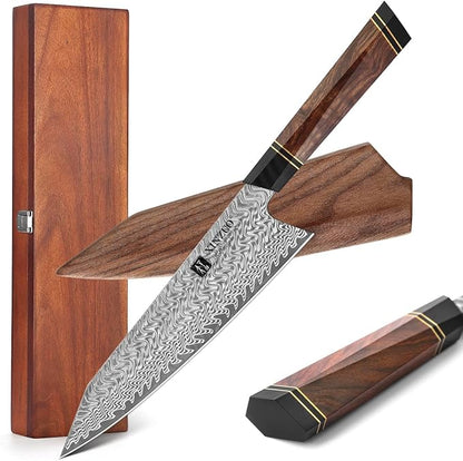 XINZUO 8.5 Inch Japanese Kiritskue Chef Knife, Professional Chef Knife,Damascus Kitchen Knife for Chefs and Home Cooking, Desert Ironwood Handle, Walnut Magnetic Wooden Sheath, Acacia Wood Box Package