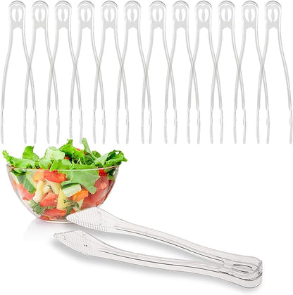 PARTY BARGAINS 8.5 Inches Plastic Serving Tongs, 12 Pack, Premium Quality & Heavy-Duty Clear Plastic Tongs for BBQ, Salads, Grilling, Buffets, Kitchen