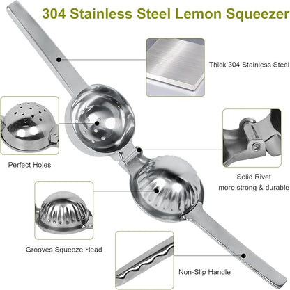 Lemon Squeezer Juicer for Lime and Lemon, Heavy Duty 304 Stainless Steel Manual Juicer with Large Bowl, Ergonomic Handle, Dishwasher Safe, with Cleaning Brush