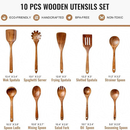 10 Pcs Wooden Spoons for Cooking, Natural Teak Wooden Kitchen Utensils Set, Durable Cooking Utensils Set with Comfort Grip for Cookware, Smooth Finish&NonStick& Heat Resistant Wooden Spatula