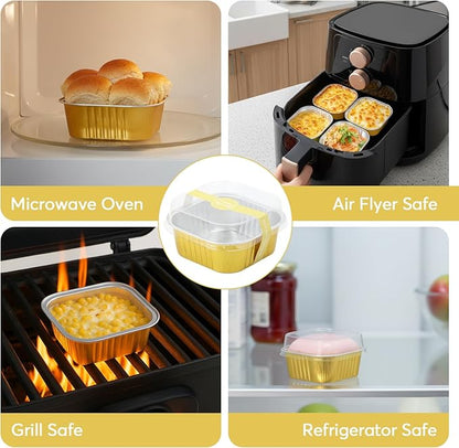 Ruckae 5oz 100 Pcs Square Mini Loaf Pans with Lids-Disposable Foil Dessert Containers,Mini Cake Pans with Lids,Aluminum Dessert Cups for Parties and Weddings (Gold, 5oz)