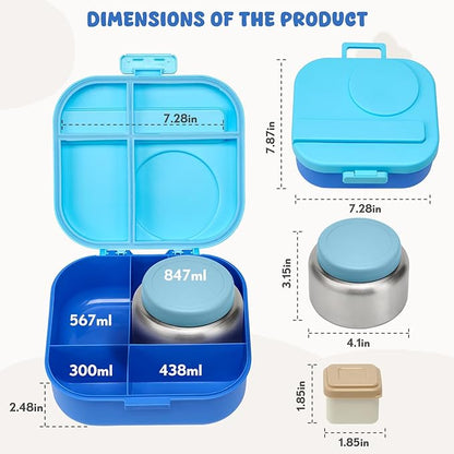 Bento Lunch Box for Kids with 12oz Soup Thermo,4 Compartments Lunch Box Containers Kids, Spoon&Sauce Jar, BPA Free&Leak proof,Insulated Food Jar for Travel((Blue)