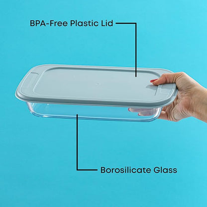JoyJolt 8-Piece Borosilicate Glass Oven Dishes with Powder Blue Lids, Rectangle Deep Glass Baking Dish Set, Baking Pans for Lasagna Casserole Cake, Bakeware Set, Freezer to Oven Tray to Dishwasher