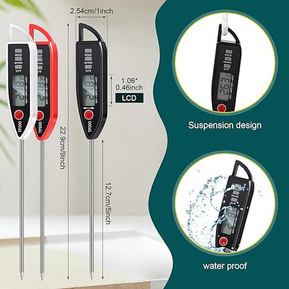 3 Pcs Instant Read Meat Thermometer with Long Probe 9.65 Inch Kitchen Cooking Food Candy Waterproof Digital Thermometer for BBQ Water Milk Yogurt Liquid (Pointed,Black,White,Red)