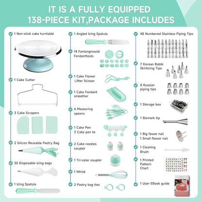 Cake Decorating Kit, 138pcs Cake Decorating Supply with 12 Inch Aluminium Cake Turntable, 64 Numbered Icing Piping Tips, 2 Spatulas, 3 Icing Comb Scraper and Leveller, Piping Bags,cake decorating tool