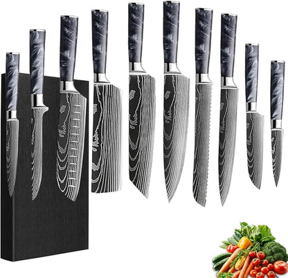 10-Piece Premium Japanese Kitchen Knife Set - Imperial Collection, Laser Damascus Pattern, 440A Stainless Steel Ultra Sharp for Fast Cutting (Black)